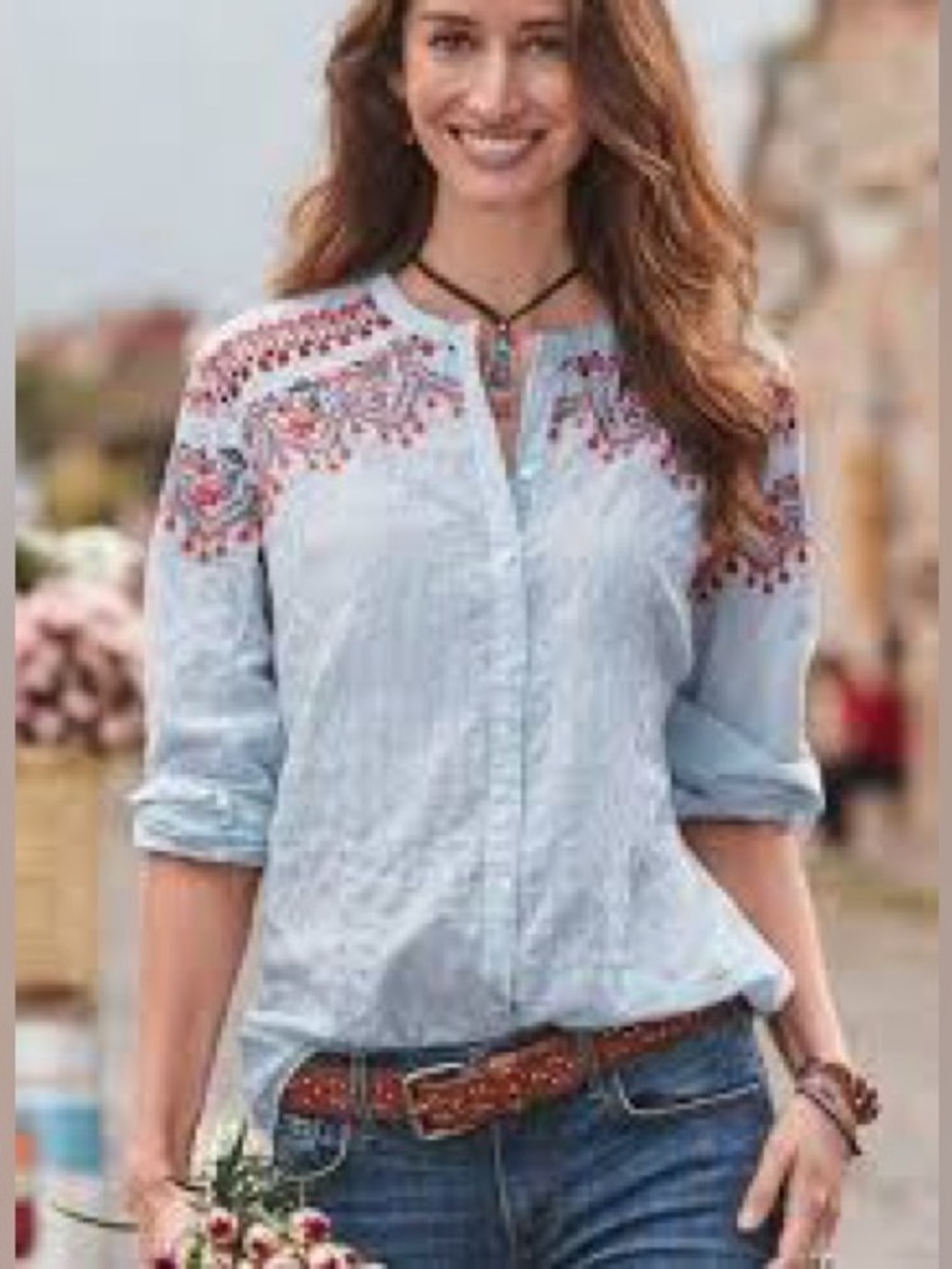 Sundance Blue White Striped Embroidered Long Sleeve Blouse Medium